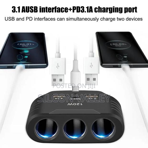 3 in 1 Usb Socket 120w Car Cigarette Lighter Splitter 12v Fast Charger