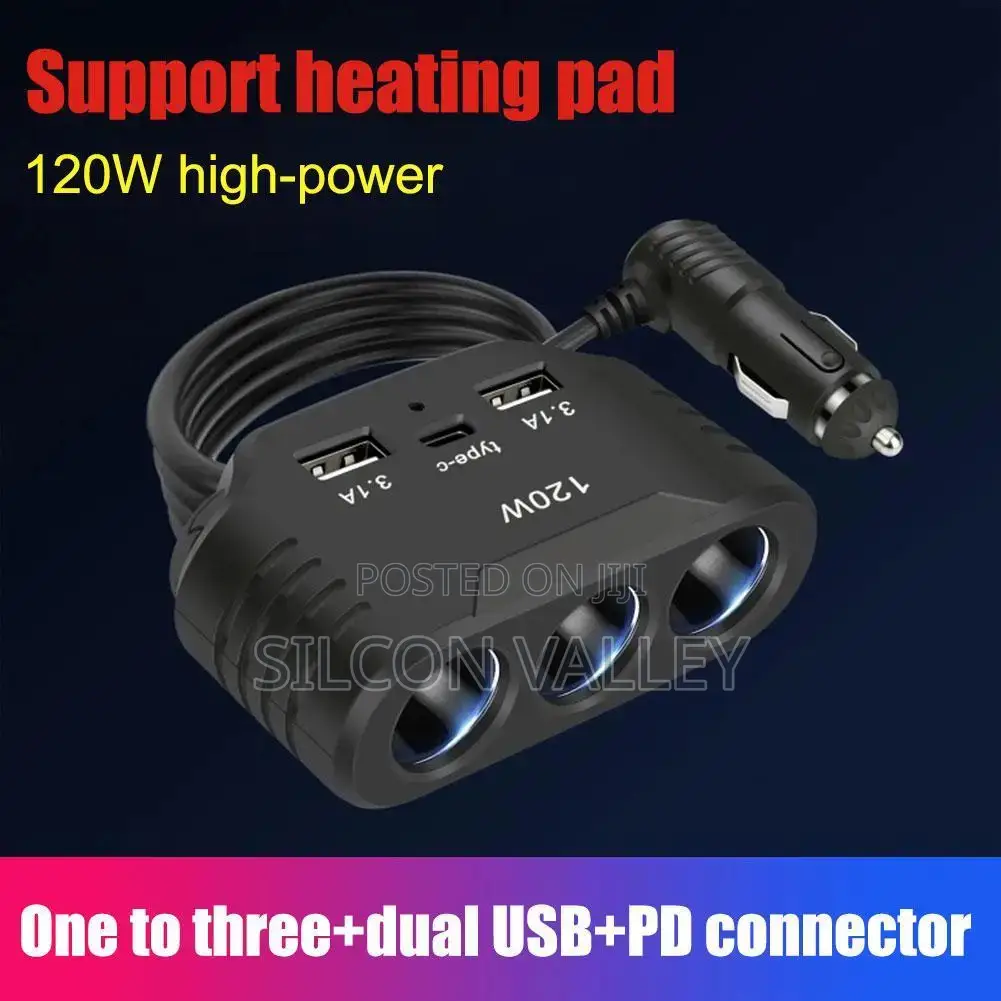 3 in 1 Usb Socket 120w Car Cigarette Lighter Splitter 12v Fast Charger