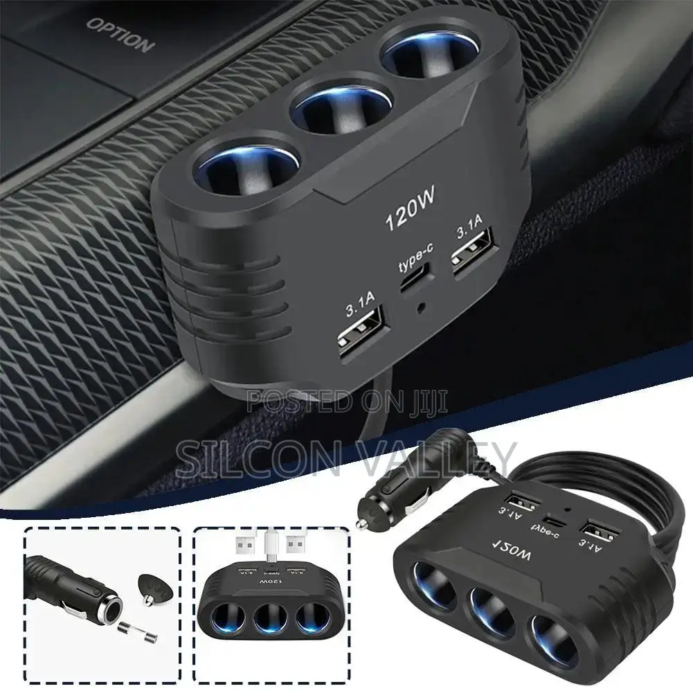 3 in 1 Usb Socket 120w Car Cigarette Lighter Splitter 12v Fast Charger