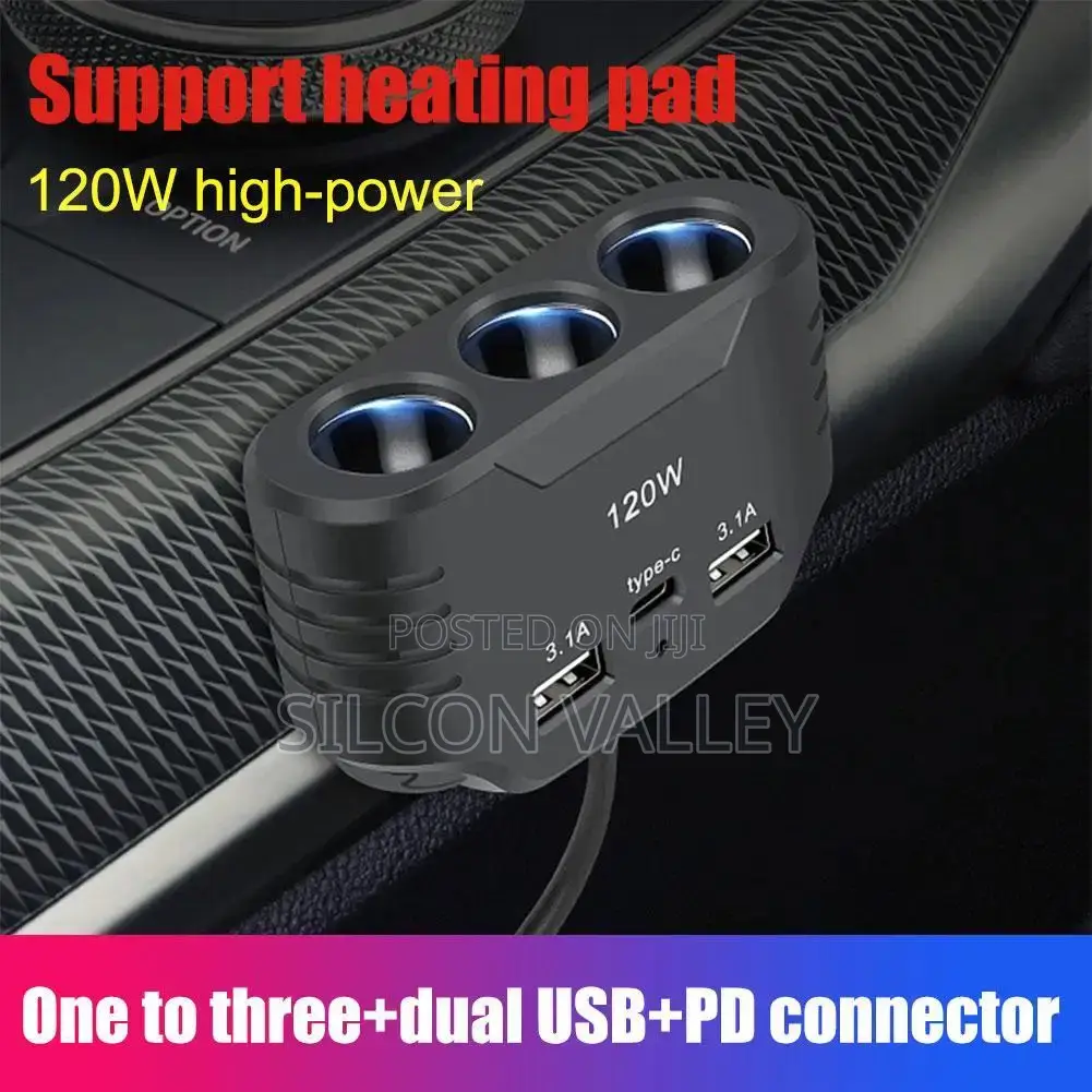 3 in 1 Usb Socket 120w Car Cigarette Lighter Splitter 12v Fast Charger