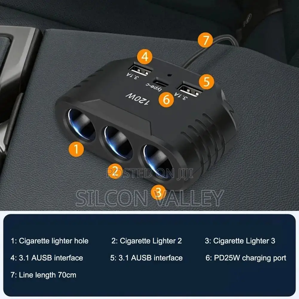 3 in 1 Usb Socket 120w Car Cigarette Lighter Splitter 12v Fast Charger