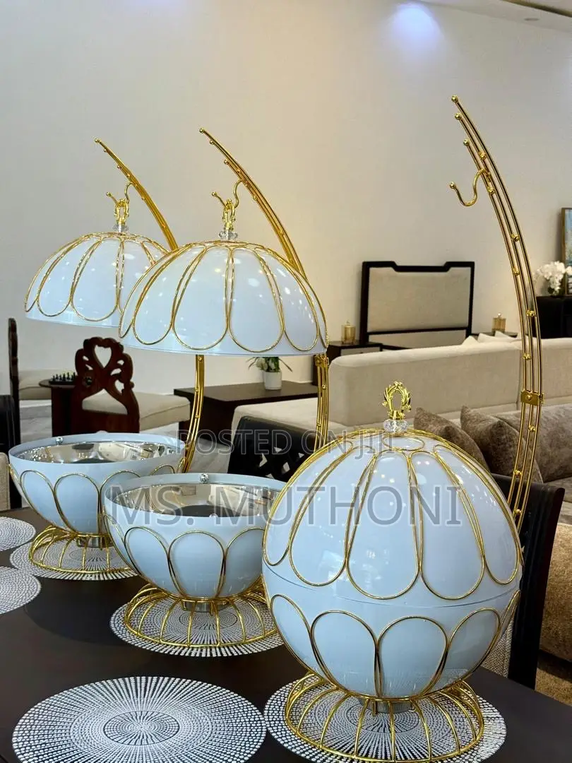 8 Ltrs White And Gold Porcelain Chafing Dishes Or Food Warmers.