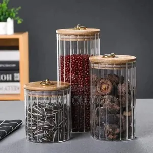 Glass Container Bamboo Lid With Golden Pull Ring