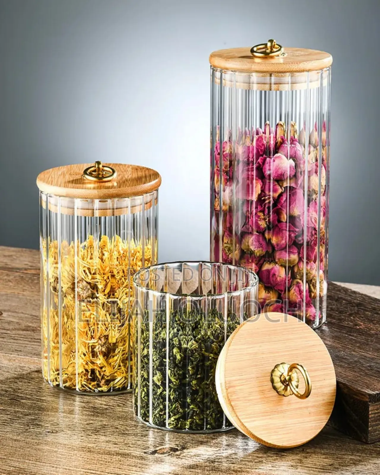 Glass Container Bamboo Lid With Golden Pull Ring