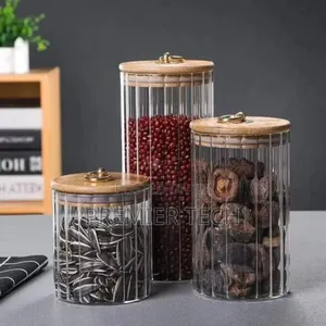 Glass Container Bamboo Lid With Golden Pull Ring