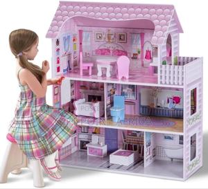 Pink Wooden Doll House With Furniture Set For Kids - main view