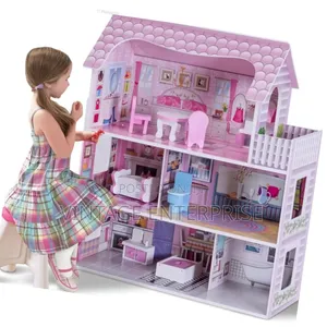 Pink Wooden Kids Doll House With Furniture Set
