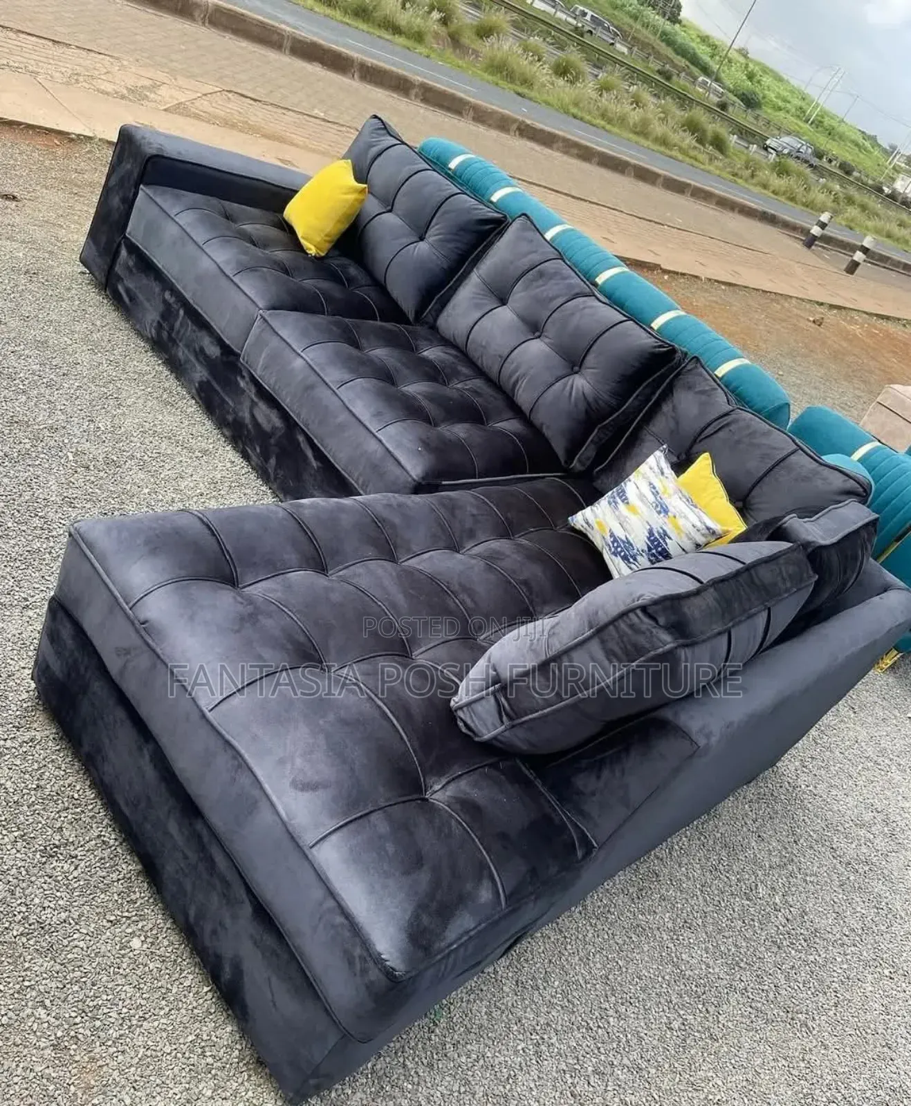 Black Tufted L-Shape Sofa 5-Seater