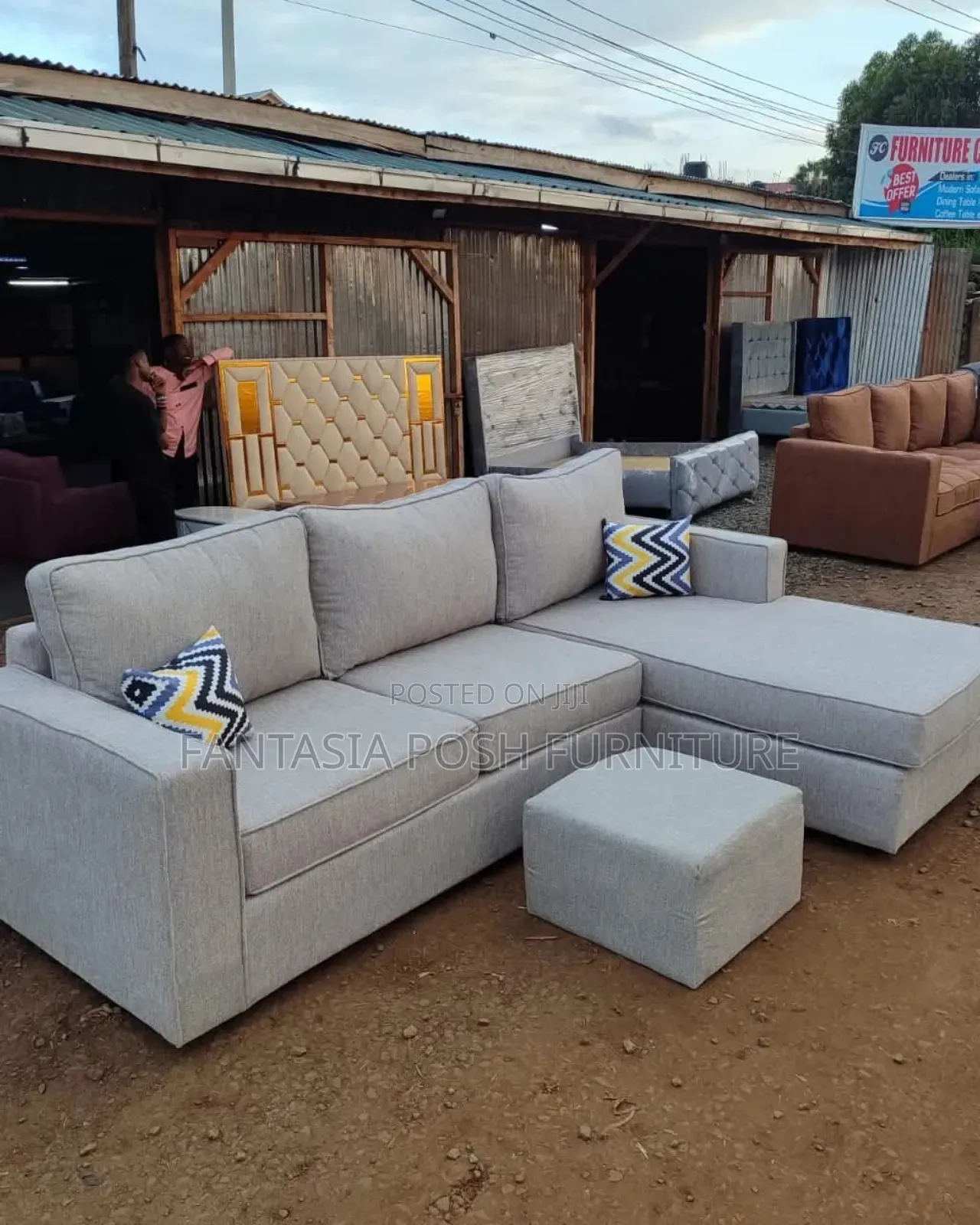5-Seater Neutral Grey L-Shaped Sofa + Ottoman - Free Delivery