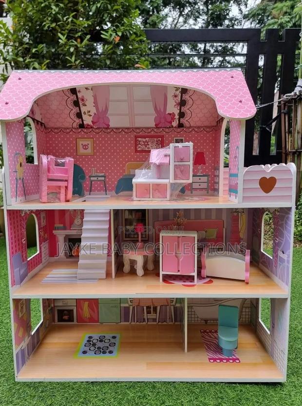 28-Inch Pink Wooden Dollhouse With Furniture - main view