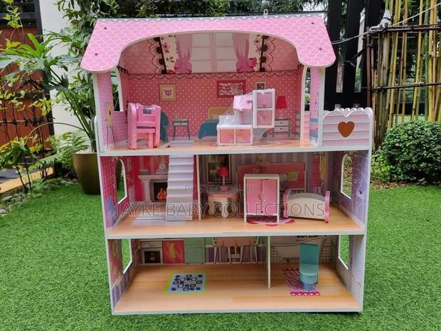 28-Inch Pink Wooden Dollhouse With Furniture - thumbnail 3