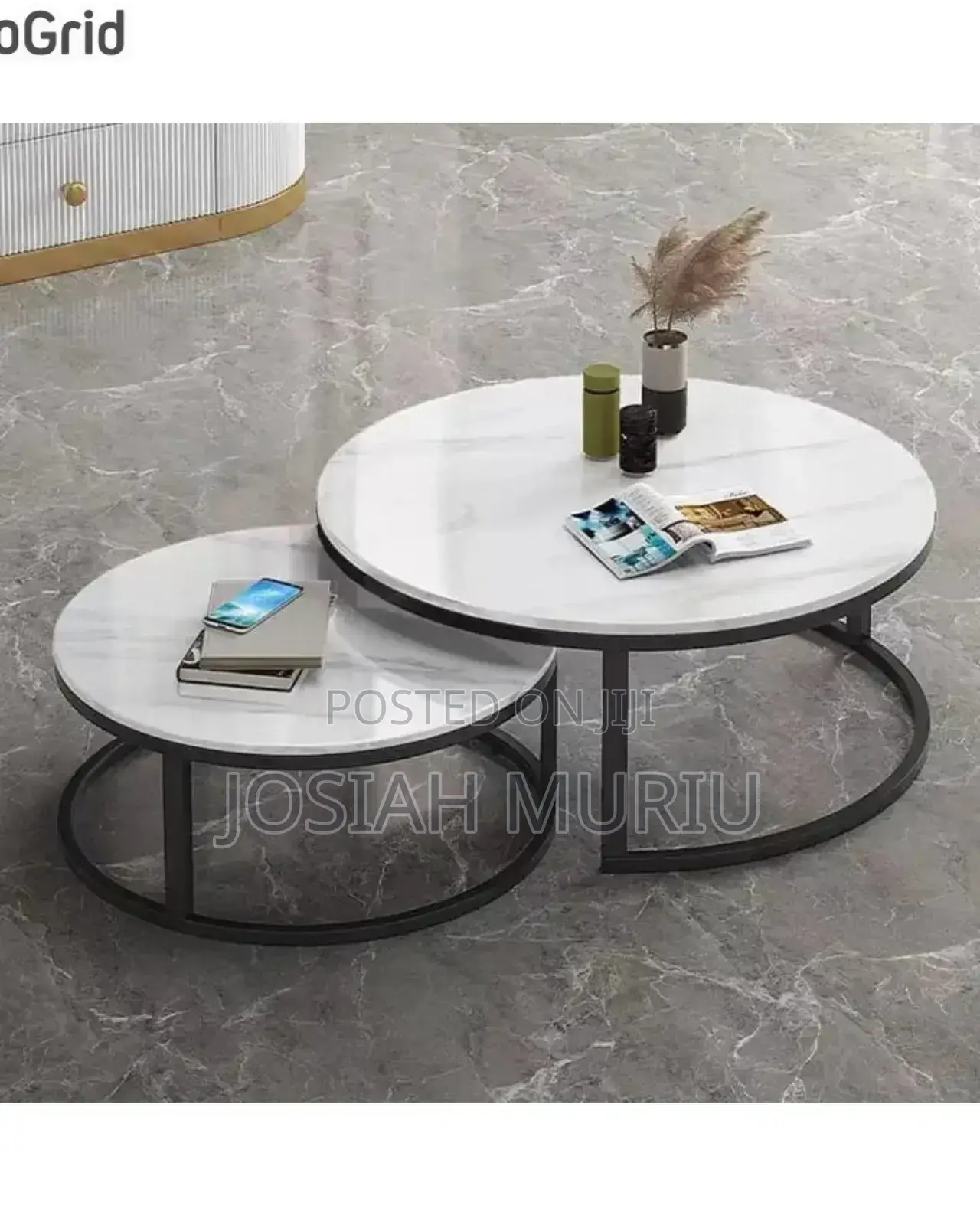 Brand New Pure Marble Top Nesting Coffee Tables With Black Stand.