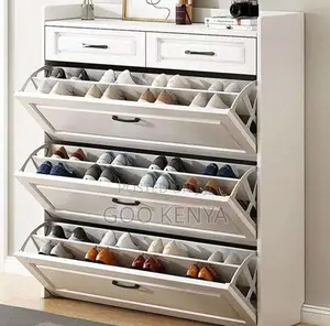 Home Shoe Rack; Wooden Minimalist 3-Layer Flip-Down Shoe Cabinet