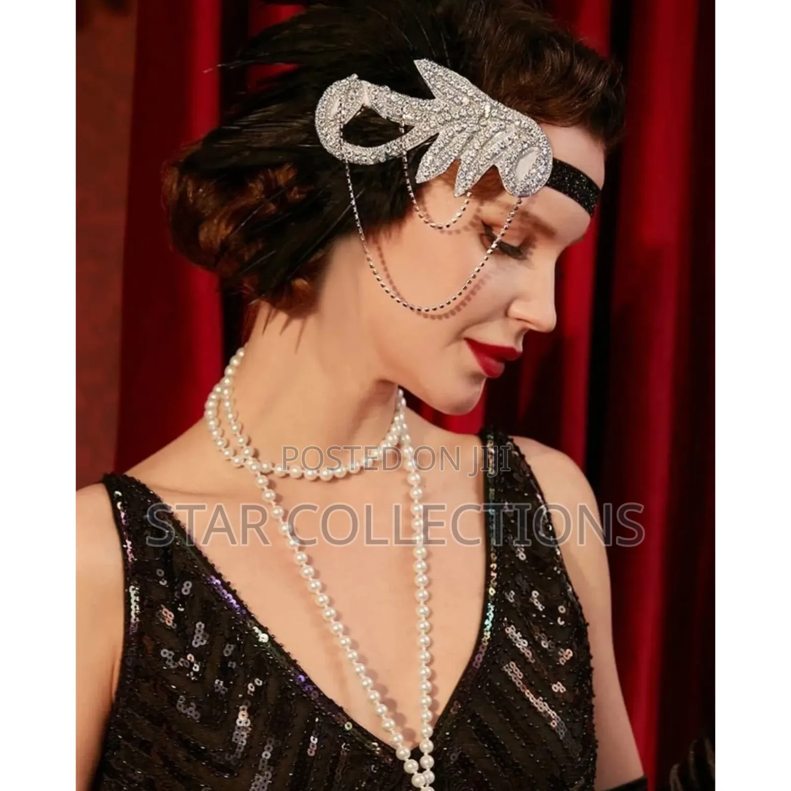 Feather Gatsby Headband With Silver Detailed Rhinestones