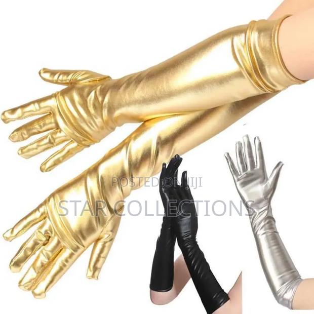 Long Metallic Shiny Leather Gloves - thumbnail 2