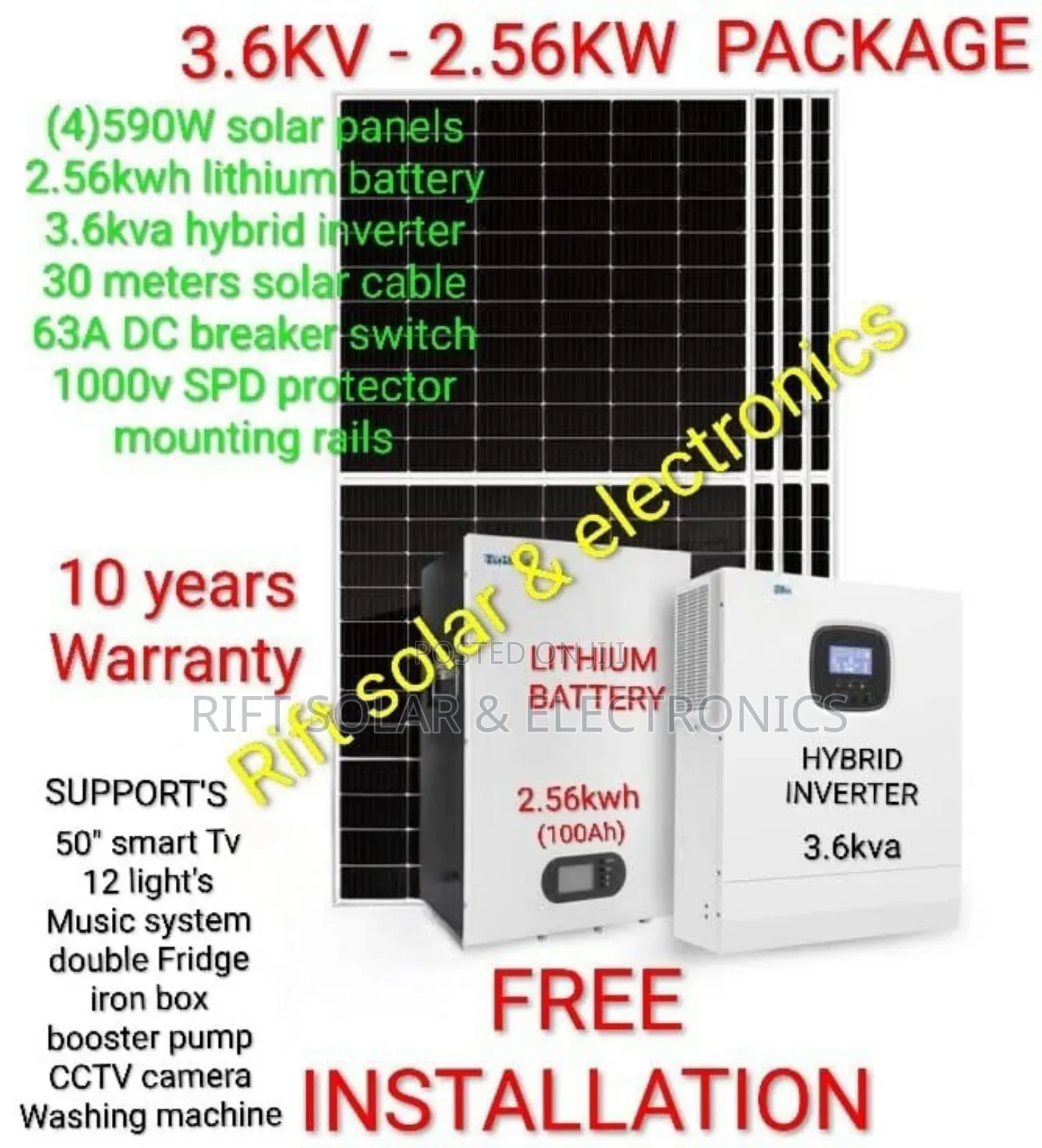 3.6kva Inverter - 2.56kwh Lithium - (4)590w Solar - Free Installation