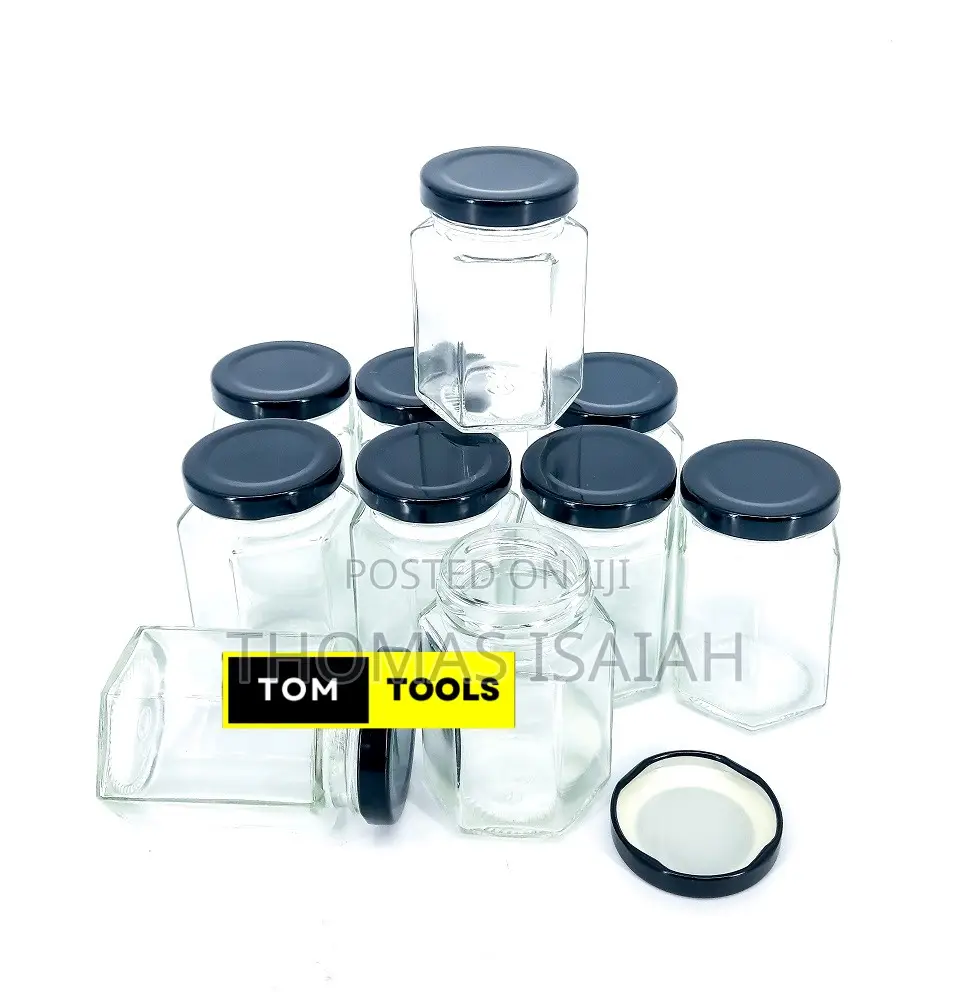 10pcs 100ml Hexagonal Glass Jars With Lids 54mm X 74mm