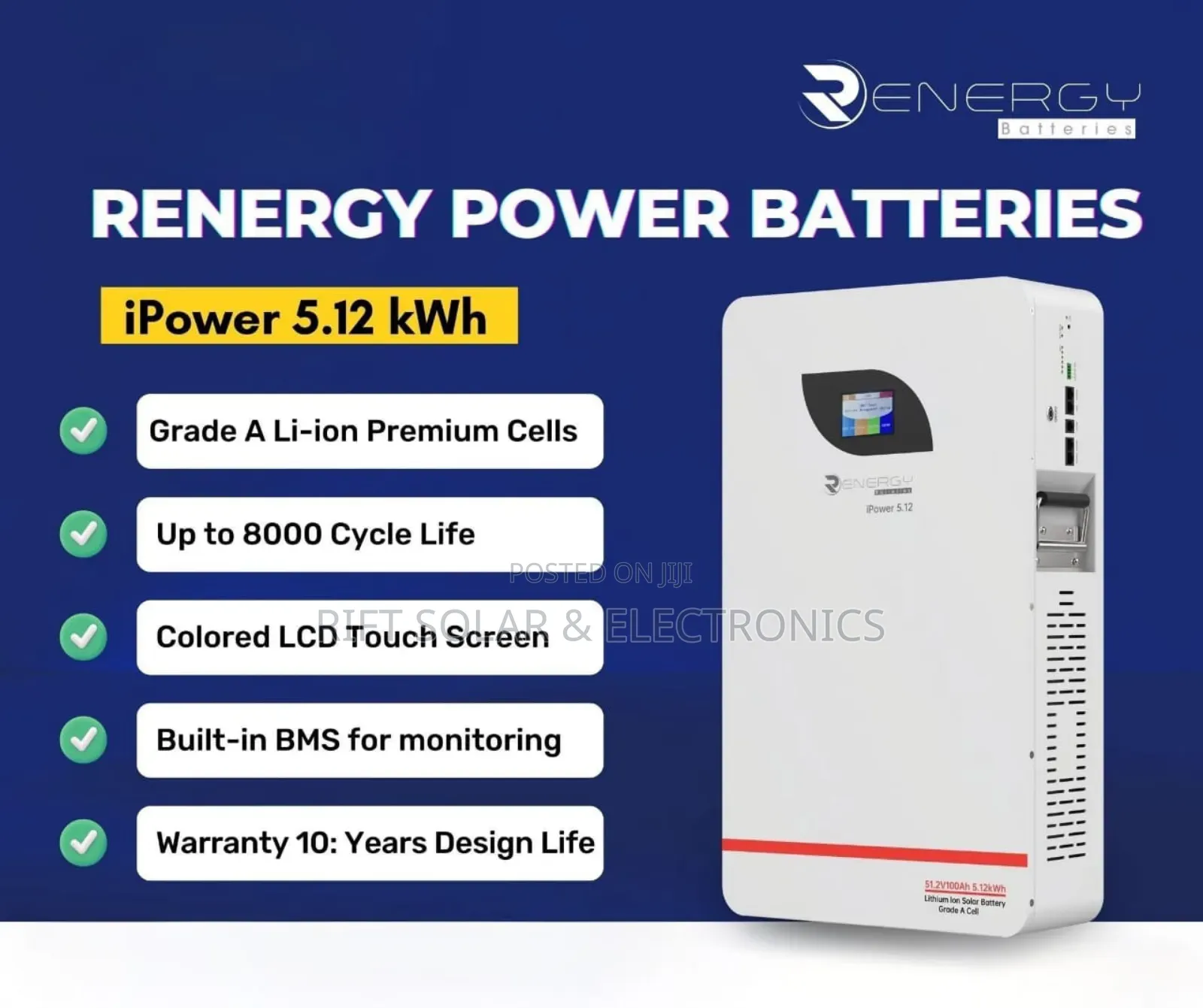 New 5.12 KWH - 48 Volts Renergy Lithium Ion 8000 Cycle Solar Battery