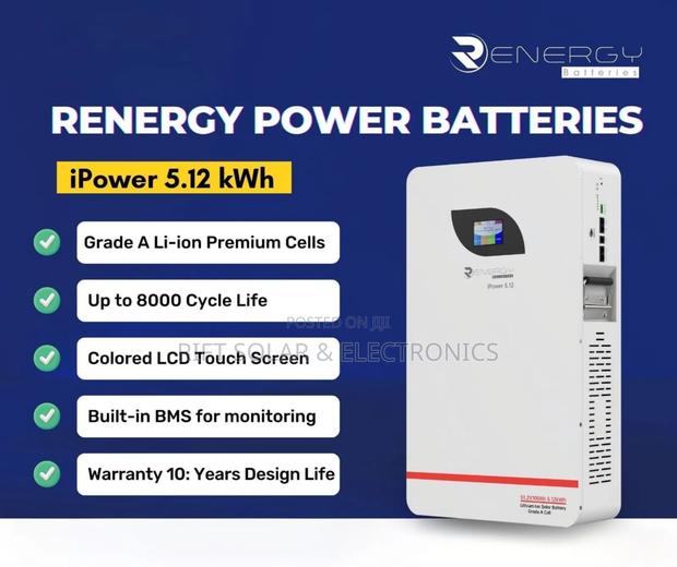 New 5.12 KWH - 48 Volts Renergy Lithium Ion 8000 Cycle Solar Battery