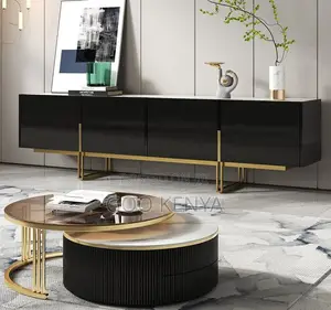 Home Tv Cabinet Set;Stone-top Tv Cabinet And Table Set In Black Finish