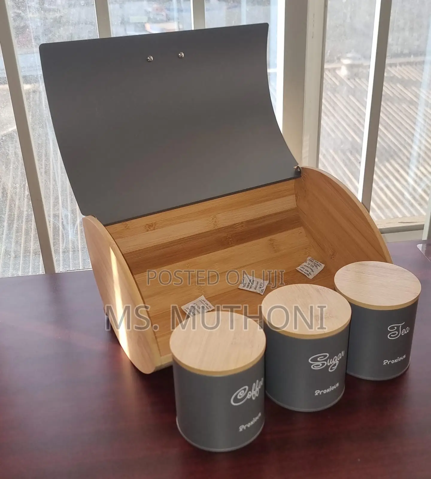 Metalic and Bamboo Bread Bin and Canister Set.