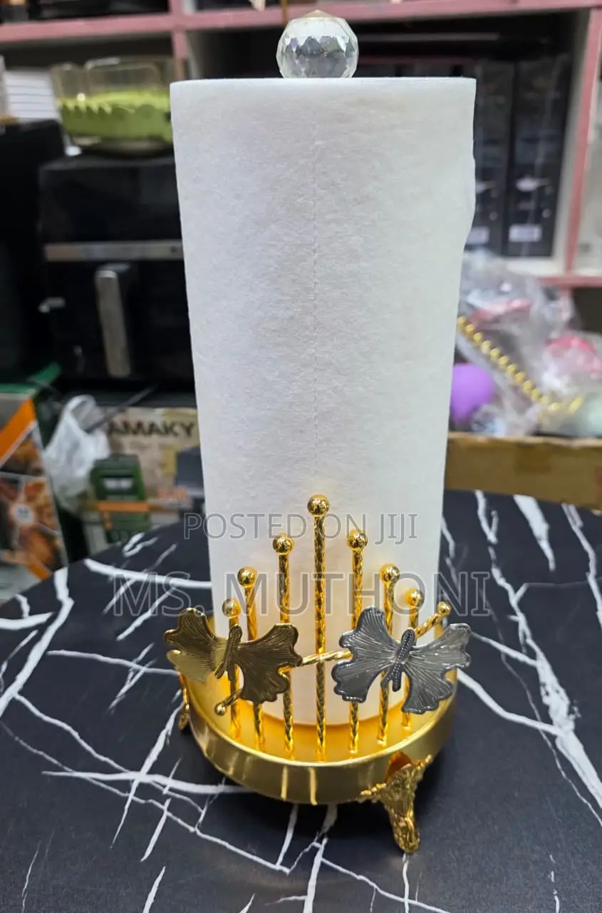 Gold-Toned Metal Freestanding Paper Towel Holder With Butterfly Motifs