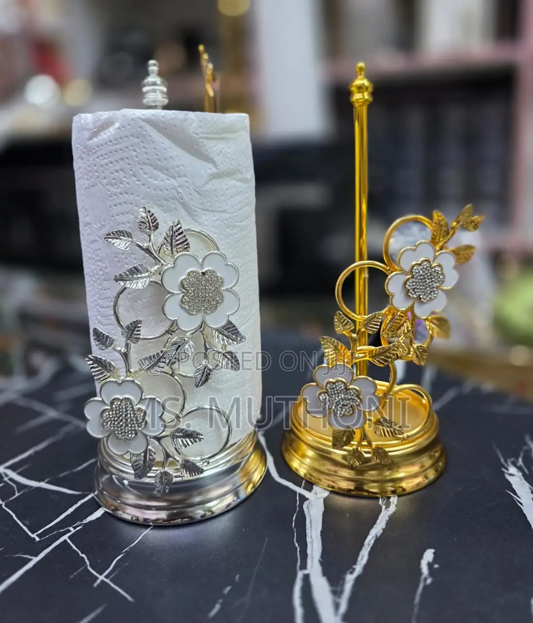 Decorative, Freestanding Gold/Silver -Toned Kitchen Paper Towel Holder