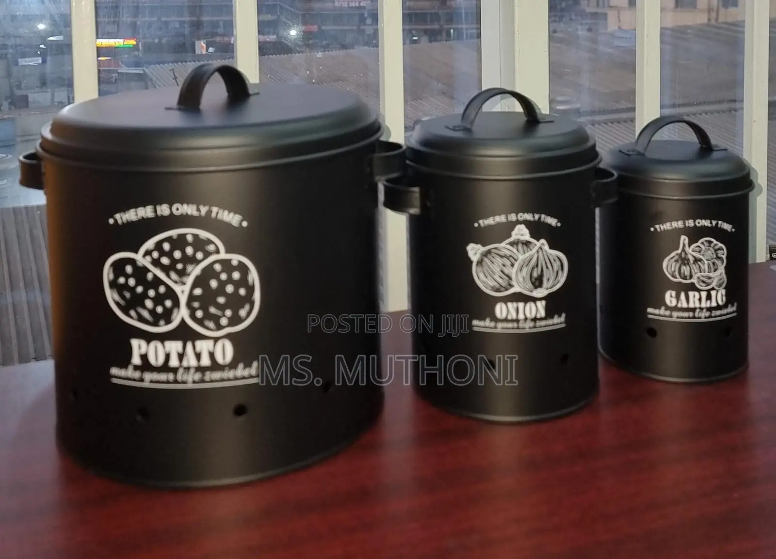 Set of Three Black Metal Potato, Onion, and Garlic Storage Canister