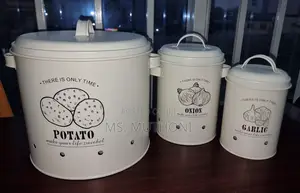 Set of Three Black Metal Potato, Onion, and Garlic Storage Canister