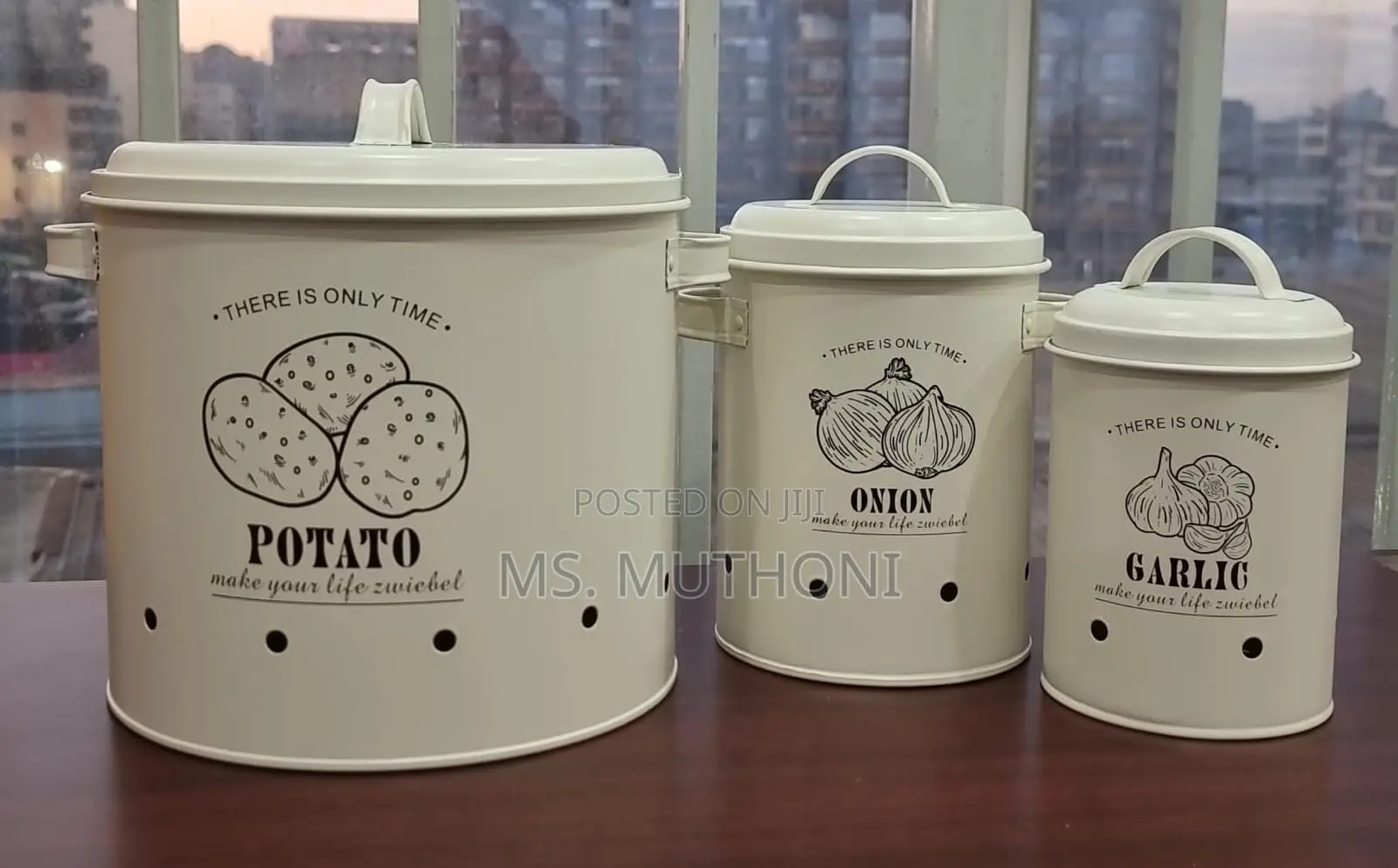 Set of Three Black Metal Potato, Onion, and Garlic Storage Canister
