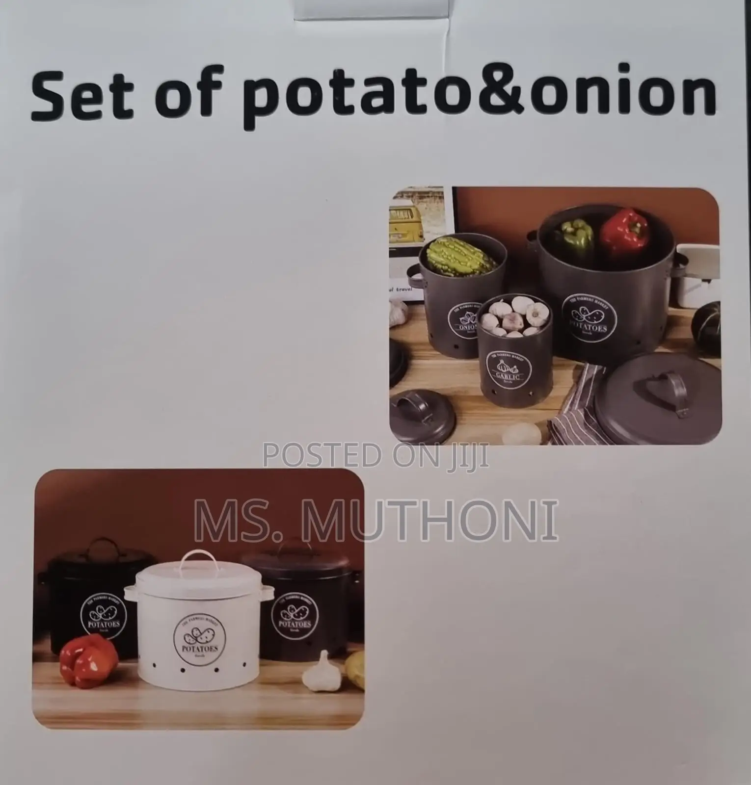 Set of Three Black Metal Potato, Onion, and Garlic Storage Canister