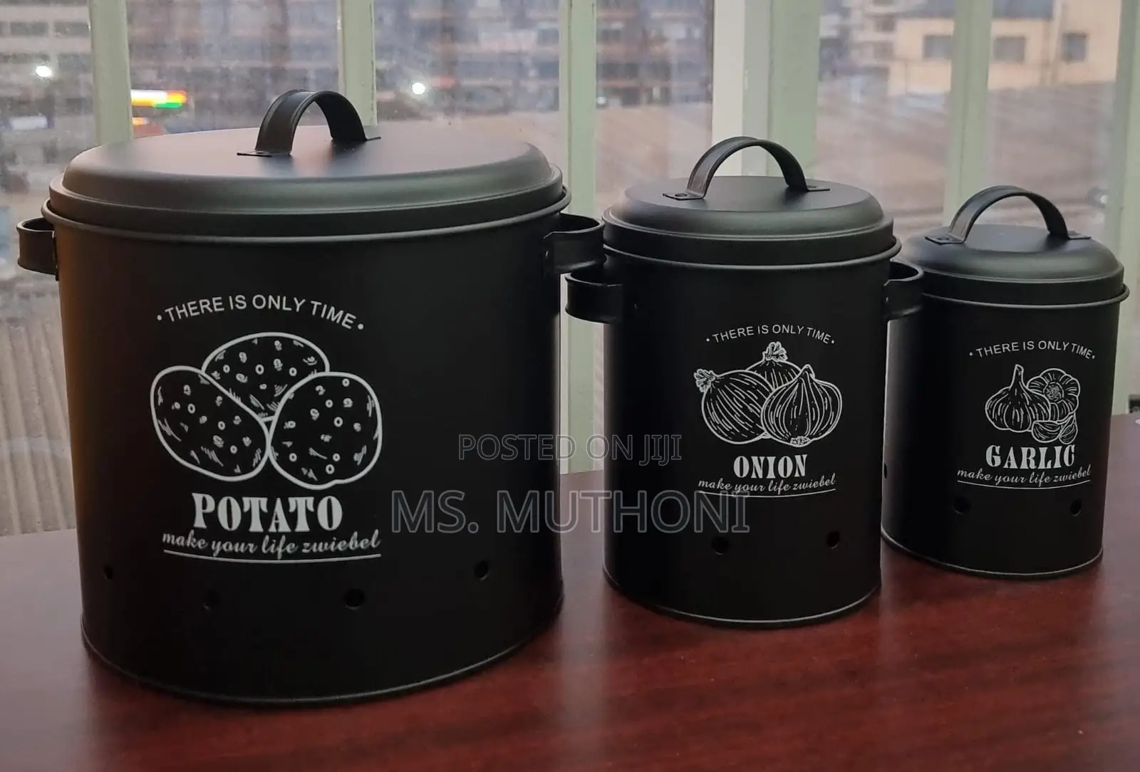 Set of Three Black Metal Potato, Onion, and Garlic Storage Canister
