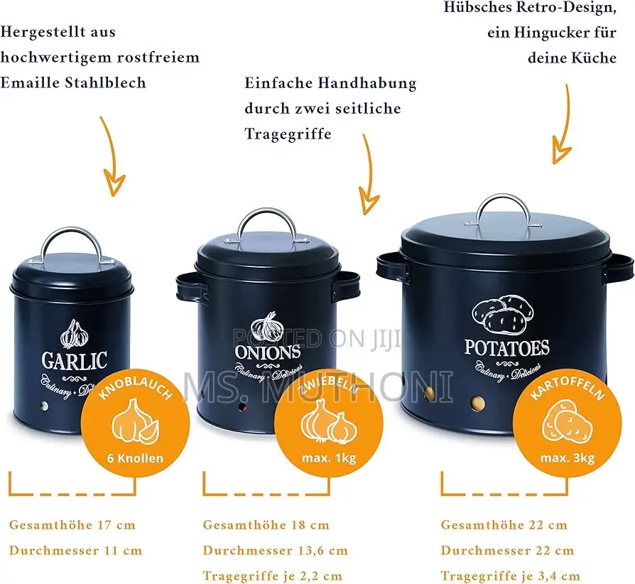 Set of Three Black Metal Potato, Onion, and Garlic Storage Canister