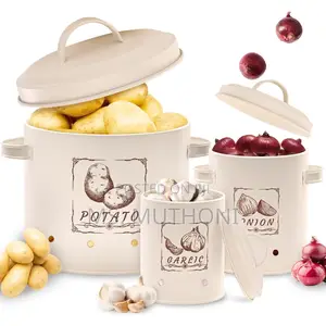 Set of Three Black Metal Potato, Onion, and Garlic Storage Canister