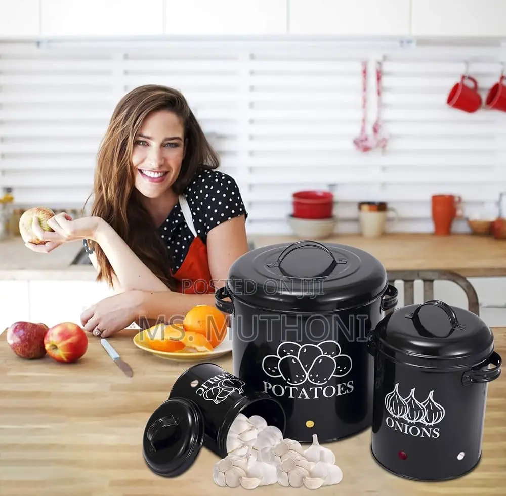 Set of Three Black Metal Potato, Onion, and Garlic Storage Canister