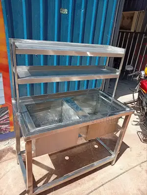 Stainless Steel Double Bowl Sink + Overhead Shelves – Heavy Duty 