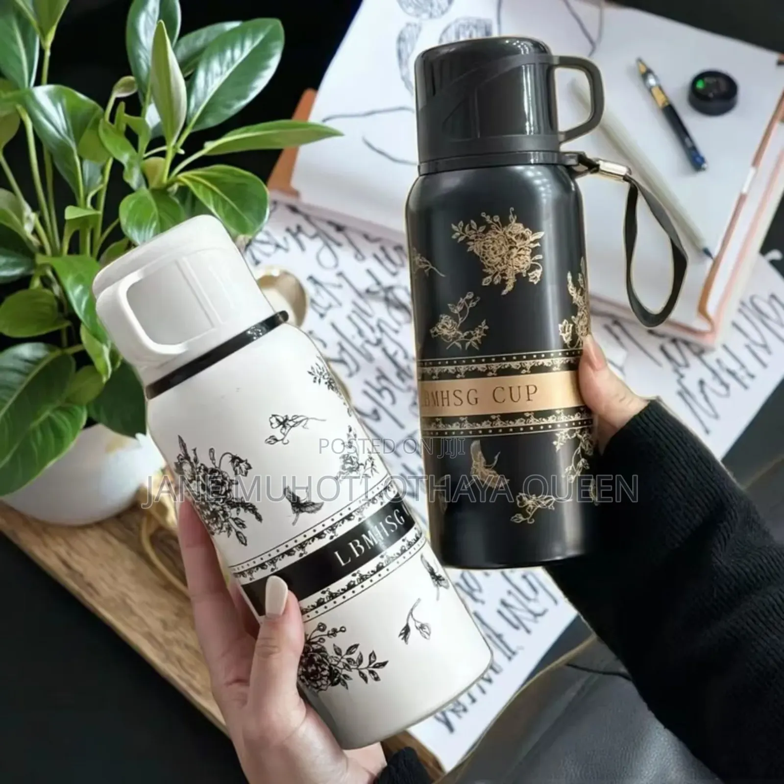 *600ml Capacity Black Flower Cup Vacuum Flask