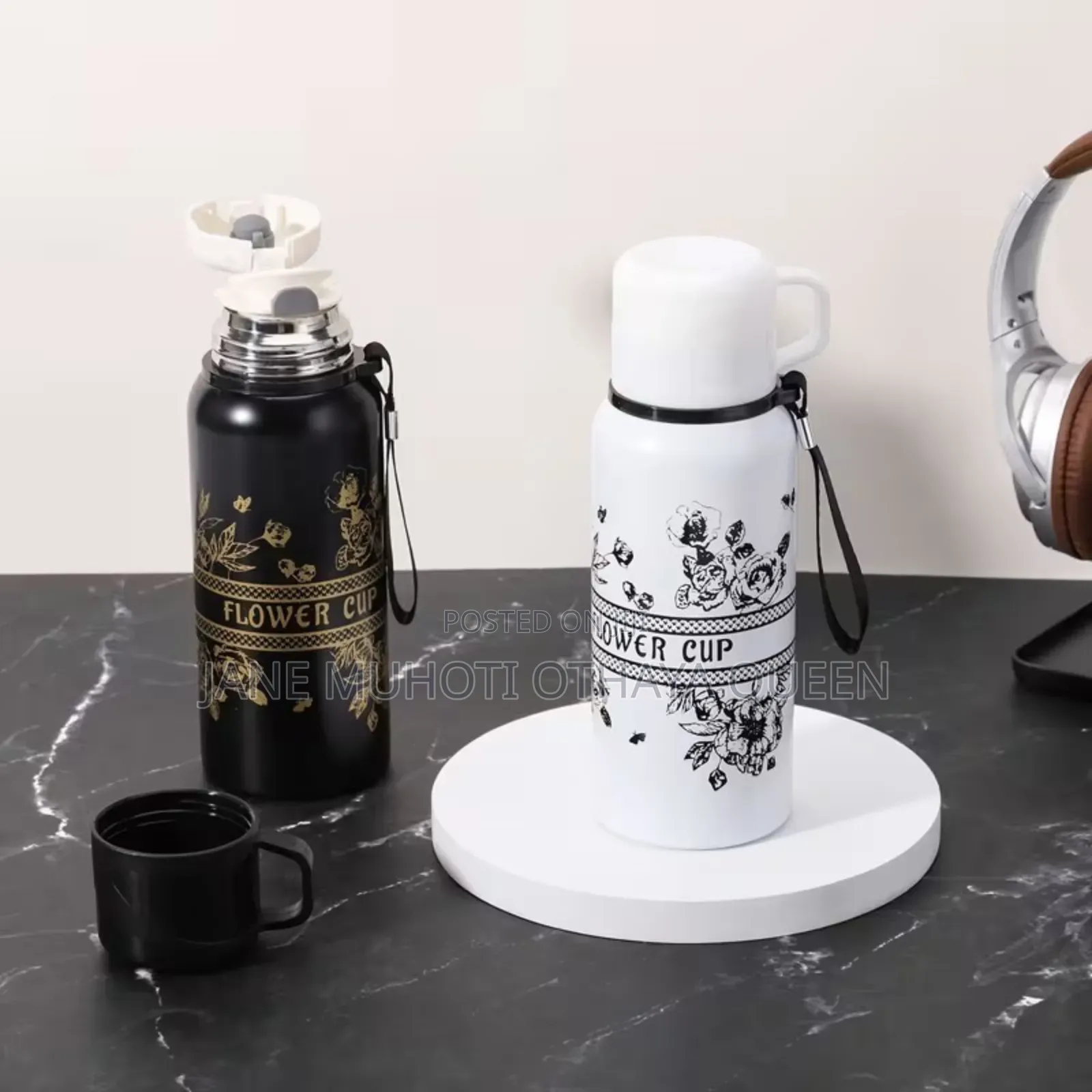 *600ml Capacity Black Flower Cup Vacuum Flask