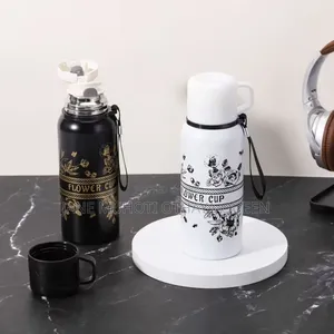 *600ml Capacity Black Flower Cup Vacuum Flask