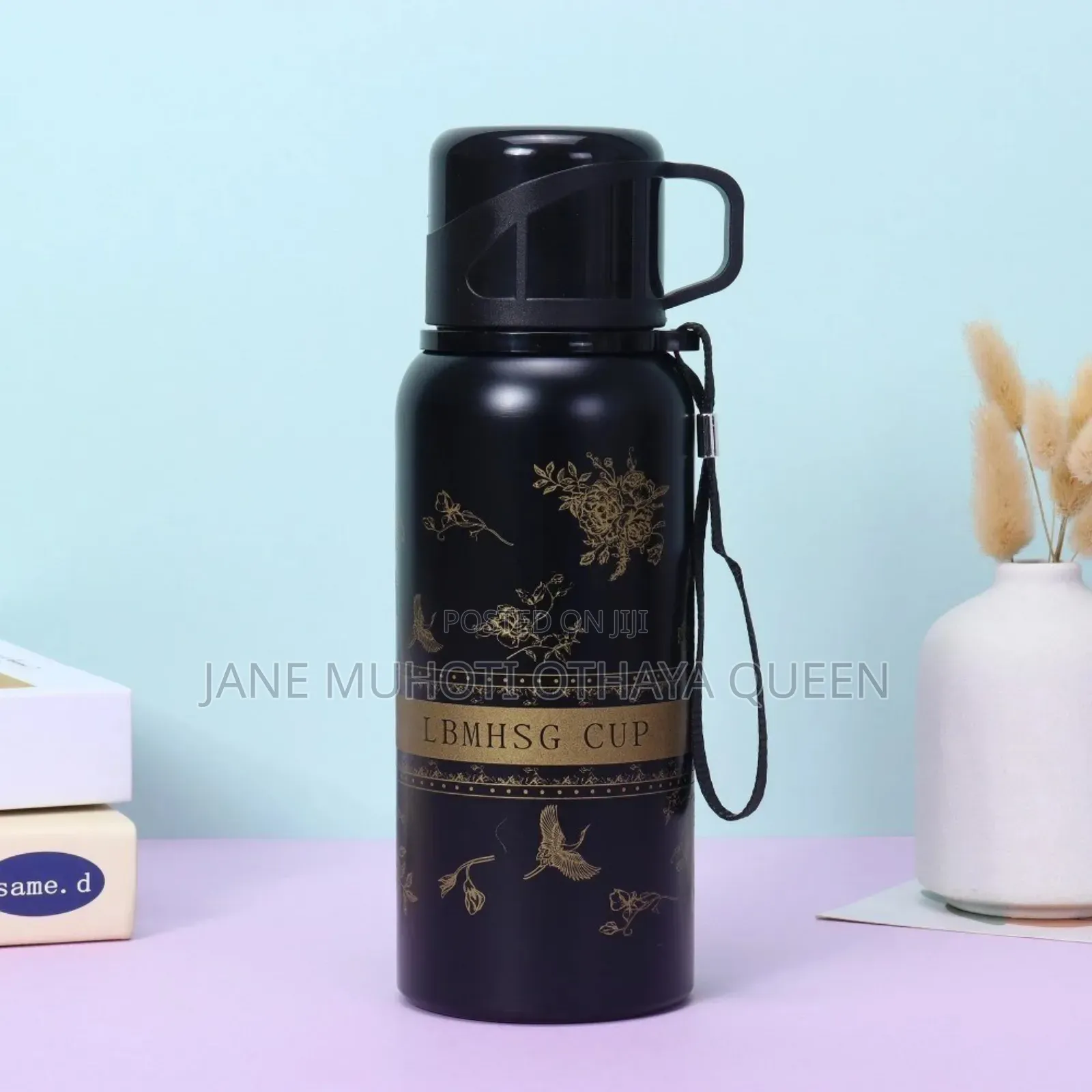 *600ml Capacity Black Flower Cup Vacuum Flask