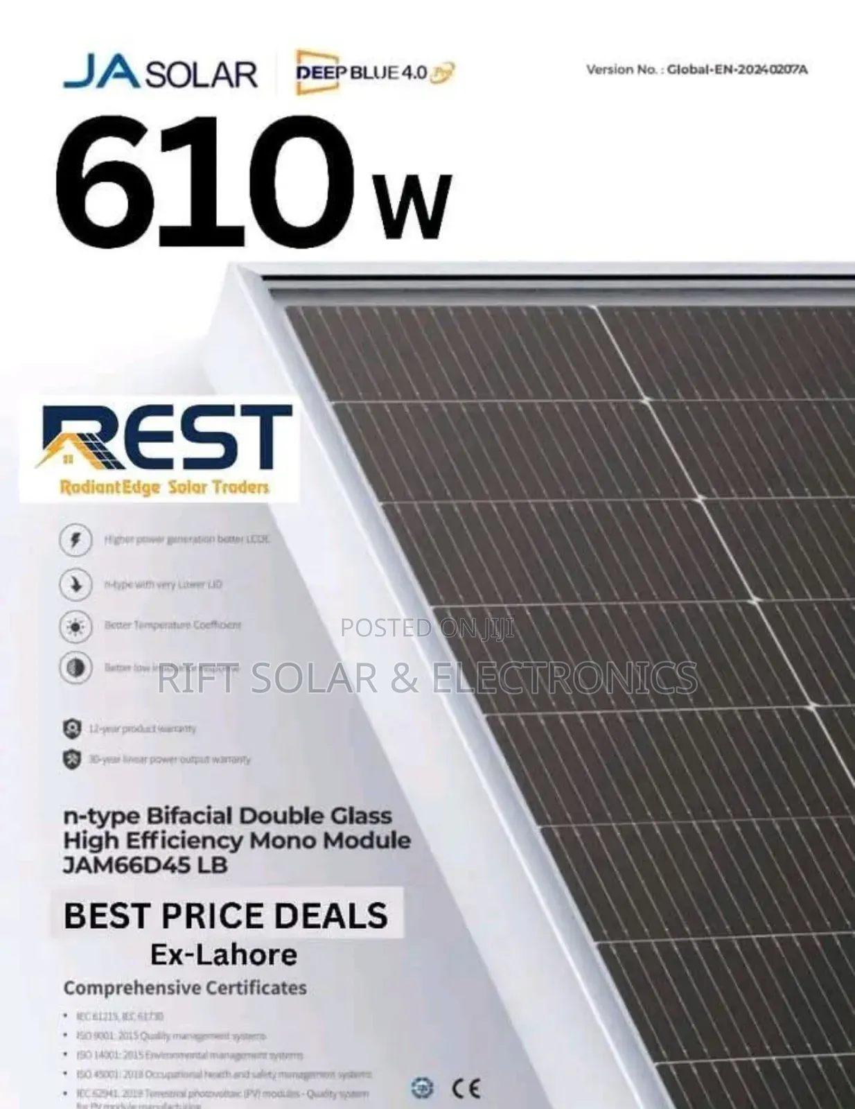 (2) 615 Watts - 49 Volts Bifacial Grade 1 Monocrystalline Solar Panels