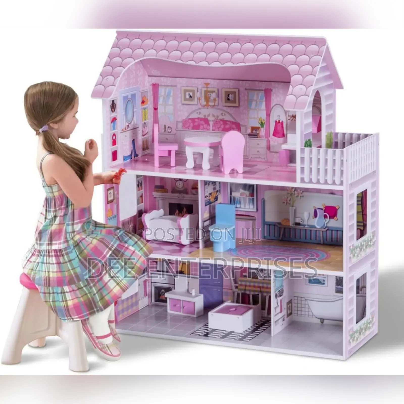 Pink Wooden Kids Doll House With Furniture Set