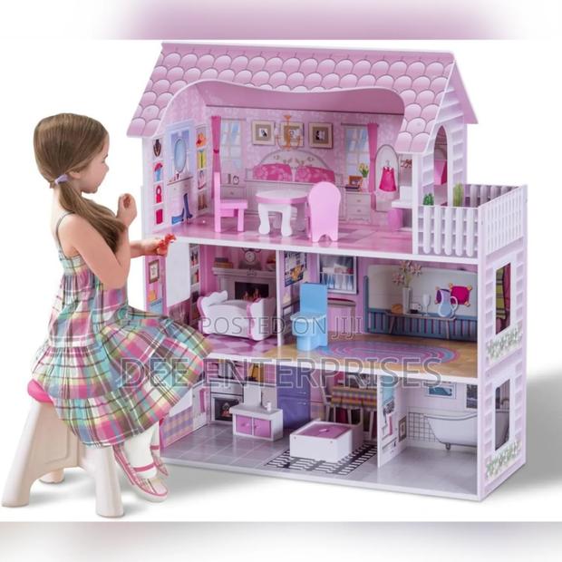 Pink Wooden Kids Doll House With Furniture Set - main view
