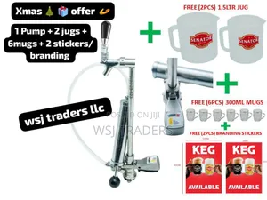 Keg Pump+ 2 Jugs +6mugs + 2 Stickers for Branding