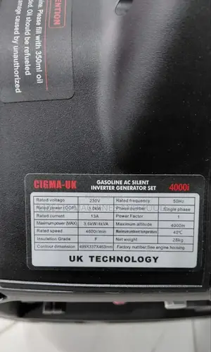 Cigma Uk 3.6kw/4kva 4000i Petrol Silent Inverter Generator (Keystart)