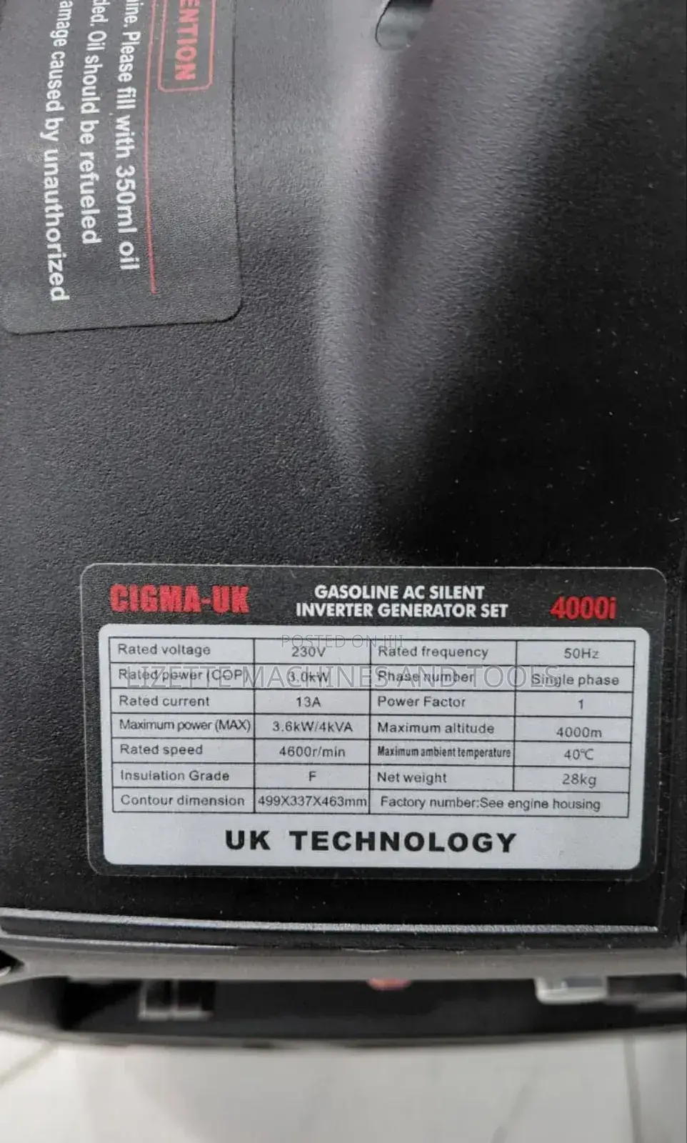 Cigma Uk 3.6kw/4kva 4000i Petrol Silent Inverter Generator (Keystart)