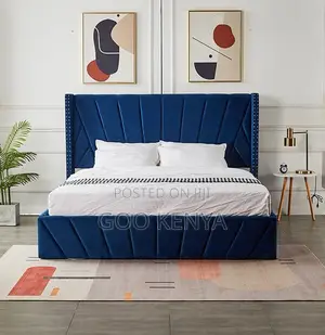 Home Bed; King Size Velvet Fabric Gas Lift Bed With Wooden Wing Design