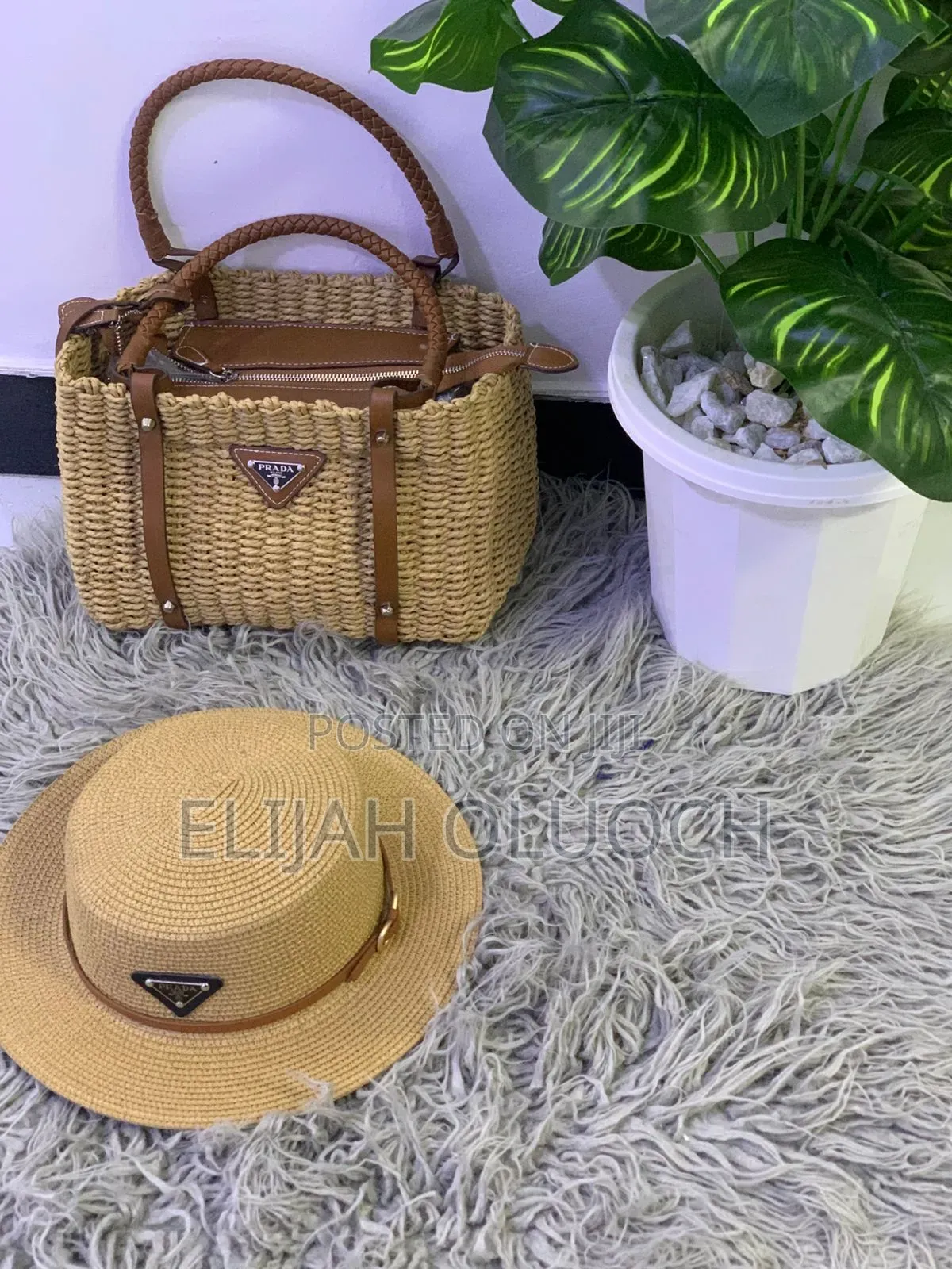 Prada Branded Wicker and Leather Basket Tote Bag Set
