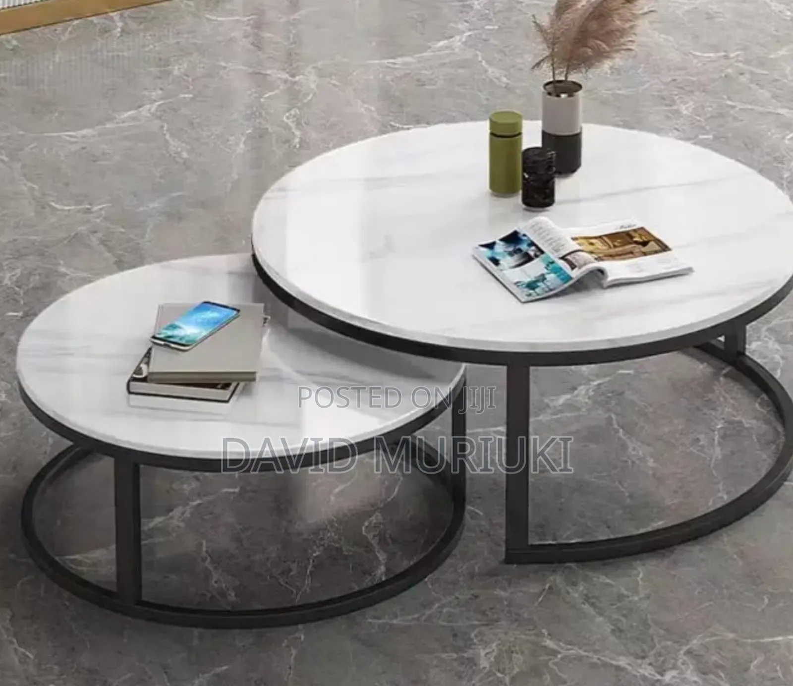 Luxury Pure Marble Top Nesting Coffee Tables With Black Stand.