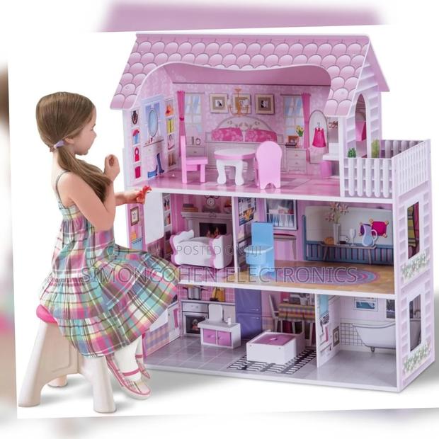 Pink Wooden Kids  Doll House With Furniture Set - main view